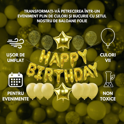 Set Baloane Folie „Happy Birthday”, 43 cm – Decor Elegant pentru Petreceri Aniversare, Evenimente, Fete, Femei, Fetițe, cu Litere Mari, Refolosibile, Ușor de Umflat și Montat (Copy) HOZRO