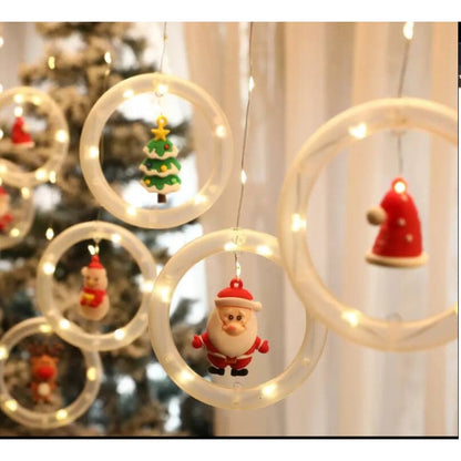 🎄 Instalatie Tip Perdea Cercuri cu Figurine HOZRO, 3 M, 10 Inele Suspendate de Craciun cu Figurine Festive 3D si LED cu Lumina Alb Cald✨ HOZRO