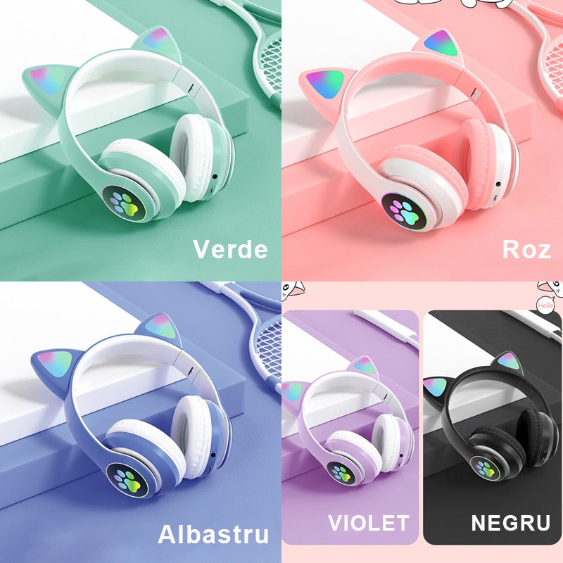 🎧 Căști Wireless HOZRO, Model Pisică STN-28– Sunet HiFi, Iluminare RGB, Bluetooth 5.0, Handsfree, Bass Stereo, LED, TF! 🐱 HOZRO