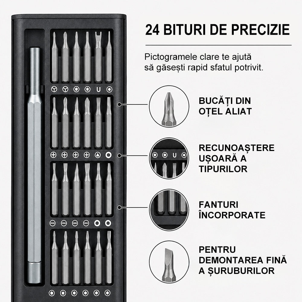 Set Șurubelnițe de Precizie 24 în 1 HOZRO, Trusă Magnetică Profesională cu Biți S2 Premium, Mini Unelte pentru Repararea Electronicelor, Telefon, Laptop, Consolă Jocuri, Ochelari, Ceasuri, Carcasă Aluminiu, Negru HOZRO