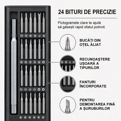 Set Șurubelnițe de Precizie 24 în 1 HOZRO, Trusă Magnetică Profesională cu Biți S2 Premium, Mini Unelte pentru Repararea Electronicelor, Telefon, Laptop, Consolă Jocuri, Ochelari, Ceasuri, Carcasă Aluminiu, Negru HOZRO