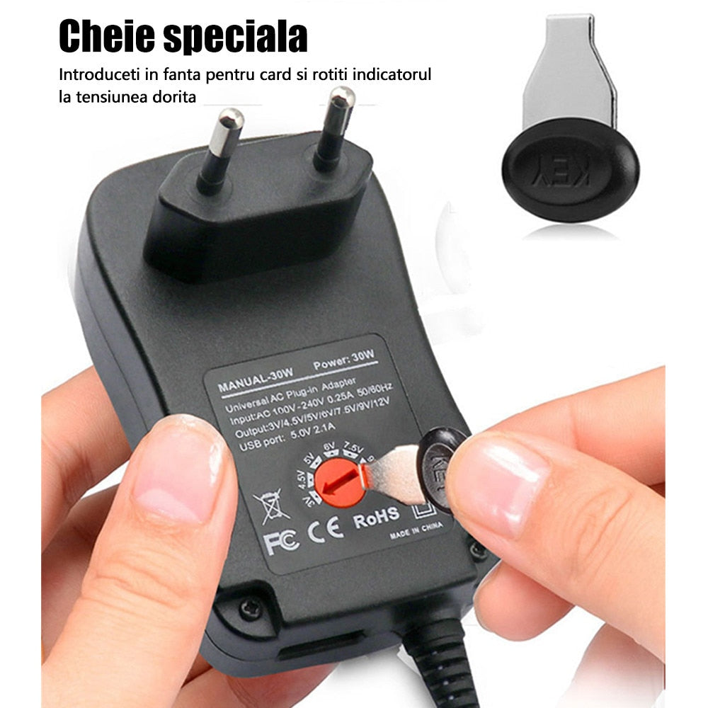 Alimentator Universal Reglabil Hozro | Multi-Tensiune 3V - 12V (30W), cu 6 Conectori Interconectabili HOZRO