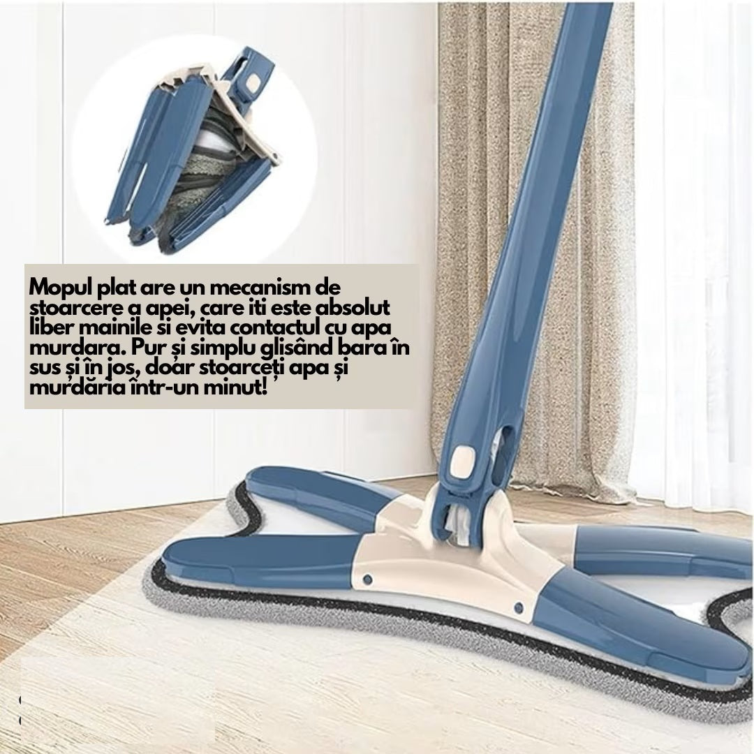 Mop Plat Premium HOZRO, Tip X cu Autostoarcere Inteligentă, Cap Rotativ 360°, Mâner Aluminiu 140 cm, Utilizare Umed/Uscat, Include 1 Laveta Microfibră Reutilizabile HOZRO