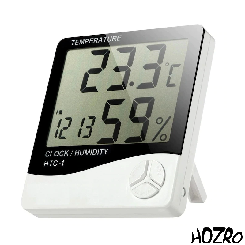 Termometru și Higrometru Digital HTC-1 HOZRO, cu Ecran LCD Mare, Funcție Ceas și Calendar, Alarmă Integrată, Afișare Temperatură și Umiditate cu Memorie MAX/MIN, Montaj pe Perete sau Birou, Ideal pentru Casă, Birou, Depozite și Camere de Bebeluşi HOZRO