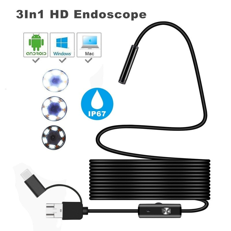 Camera endoscopica, grad industrial, 3 in 1, 7mm, 1m Hardwire, rezolutie 640x480, 1, 3 megapixeli, USB, Type-C, IP67 rezistent la apa, conexiune OTG, lumini LED, potrivita pentru mai multe scene, compacta si portabila, negru BESTSELLS