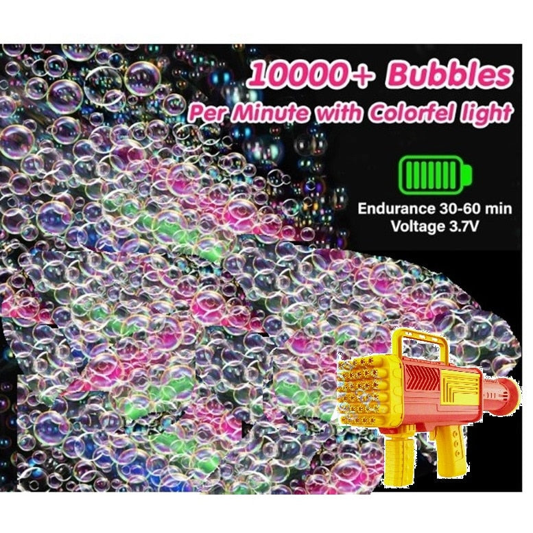 Pistol pentru facut baloane de sapun, 34 de gauri, baloane colorate, recipient si liquid inclus, jucarie de vara pentru activitati in aer liber, 24 cm x 13 cm, roz-galben, Ideală pentru Copii și Petreceri HOZRO