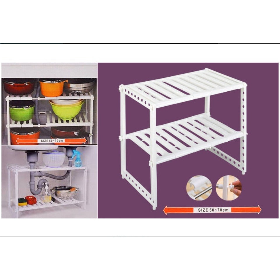 Raft Organizator HOZRO, Suport cu 2 rafturi, telescopic si multifunctional, plastic HOZRO