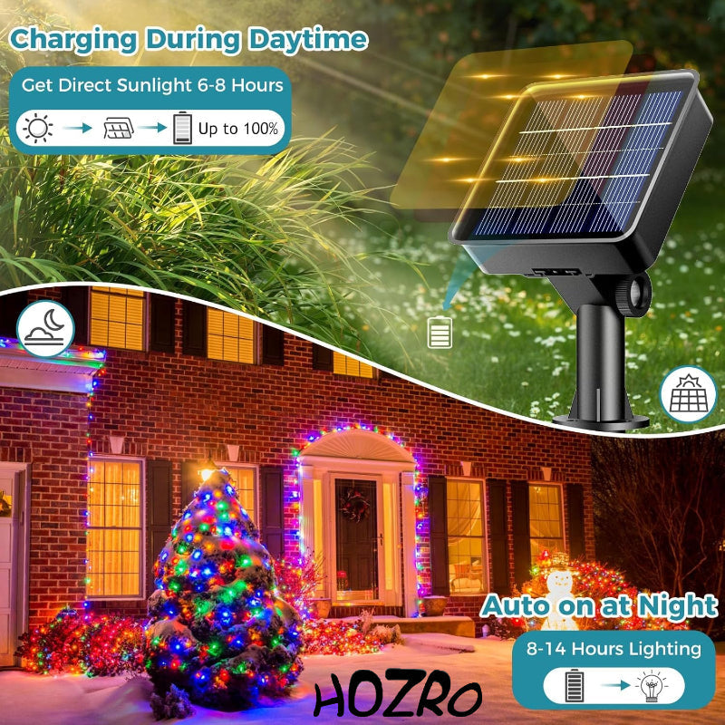 Instalatie cu Panou Solar de Craciun, HOZRO, 100 LED-uri, 10 Metri– Pentru Exterior si Interior, Economie de Energie si Atmosfera de Sarbatoare Magica HOZRO