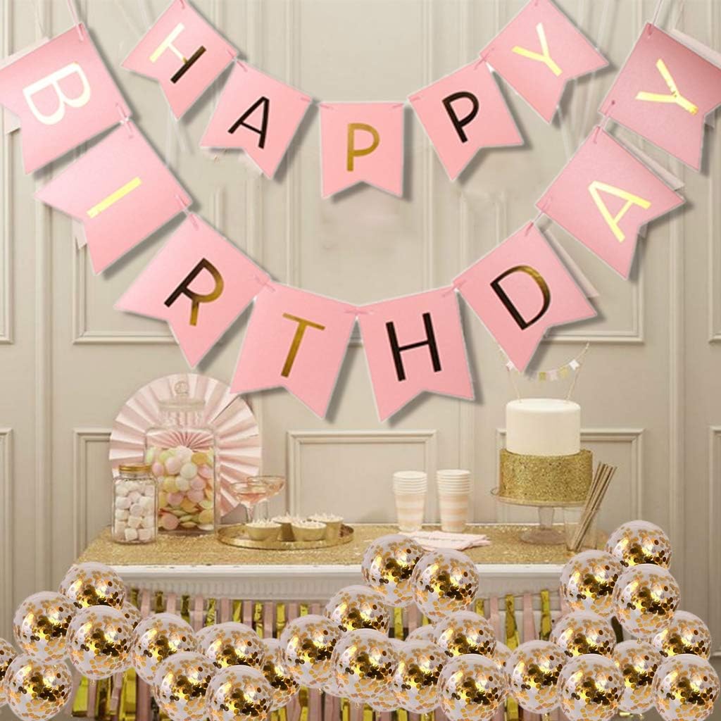 Set Banner Baloane cu text „Happy Birthday” Roz – Decor Festiv pentru Petreceri Aniversare, Evenimente, cu baloane cu confetii, Refolosibile, Ușor de Umflat și Montat HOZRO
