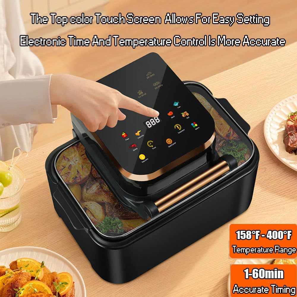 Friteuza Airfryer cu aer cald HOZRO, Putere 2500W, capacitate mare 12L, multifunctional pentru cartofi prajiti, carne, coacere si altele, 11 programe, display LCD, Negru-Auriu BESTSELLS