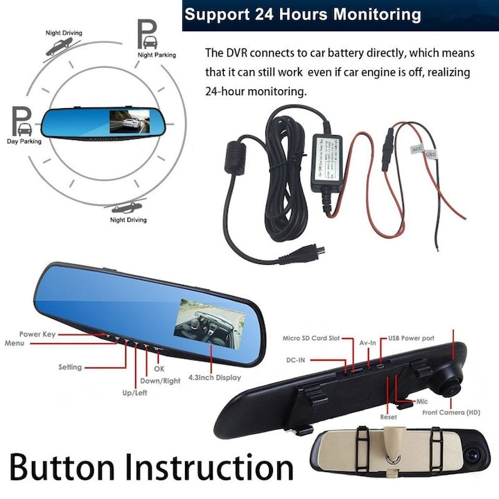 Camera Auto Oglinda HOZRO®, Display 4", Full HD 1080P Night Vision, Senzor De Miscare HOZRO