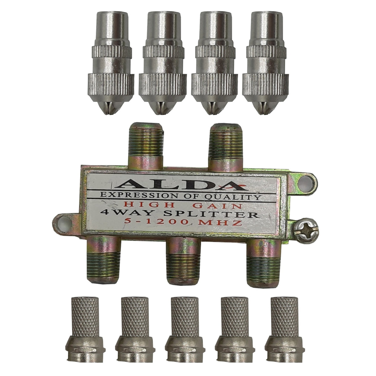 Set Splitter TV Profesional 4 Căi HOZRO – 5-1200 MHz, include 5 Mufe F și 4 Mufe TV HOZRO