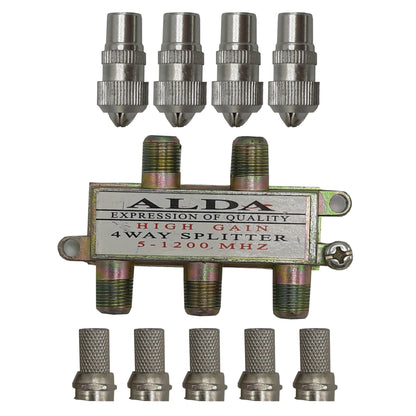 Set Splitter TV Profesional 4 Căi HOZRO – 5-1200 MHz, include 5 Mufe F și 4 Mufe TV HOZRO