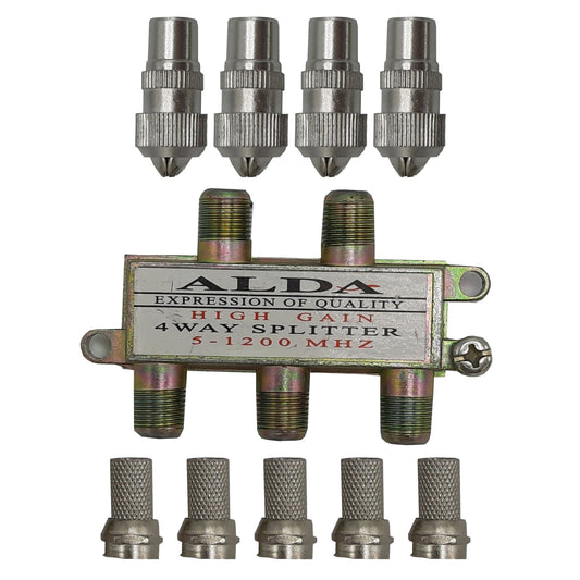 Set Splitter TV Profesional 4 Căi HOZRO – 5-1200 MHz, include 5 Mufe F și 4 Mufe TV HOZRO