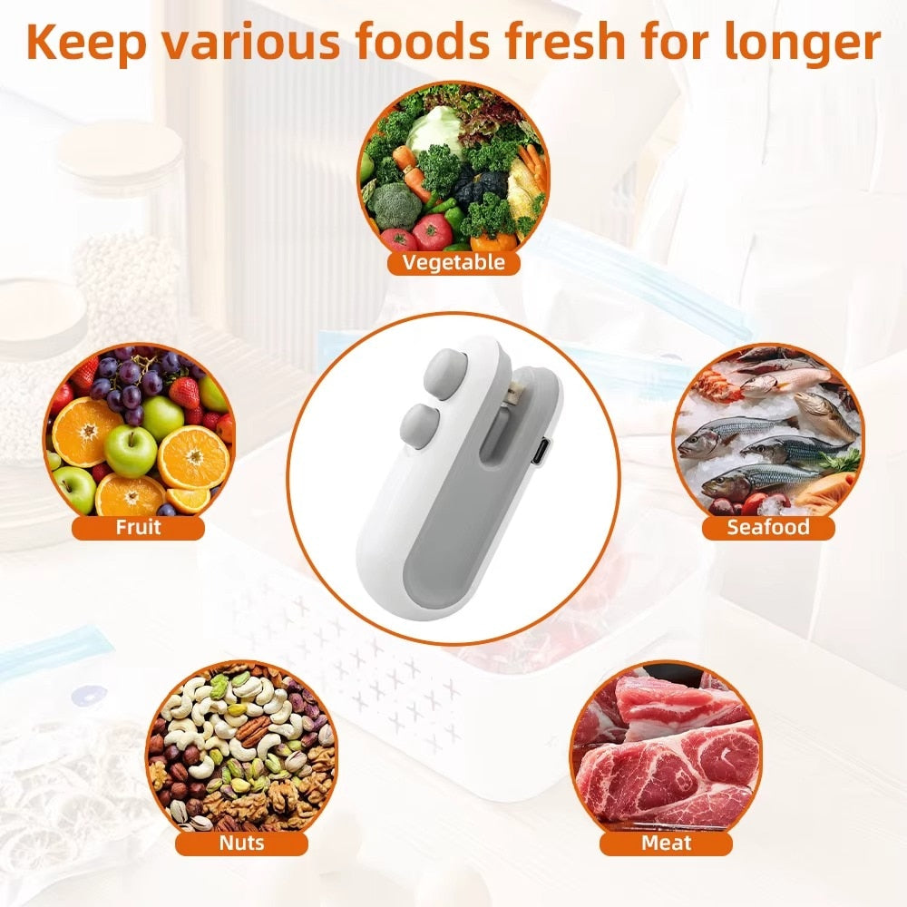 Mini Aparat de Sigilat si Taiat Pungi HOZRO, Portabil, Reincarcabil USB, cu Magnet si Cutit Integrat, Ideal pentru Pungi de Gustari si Alimente, Alb BESTSELLS