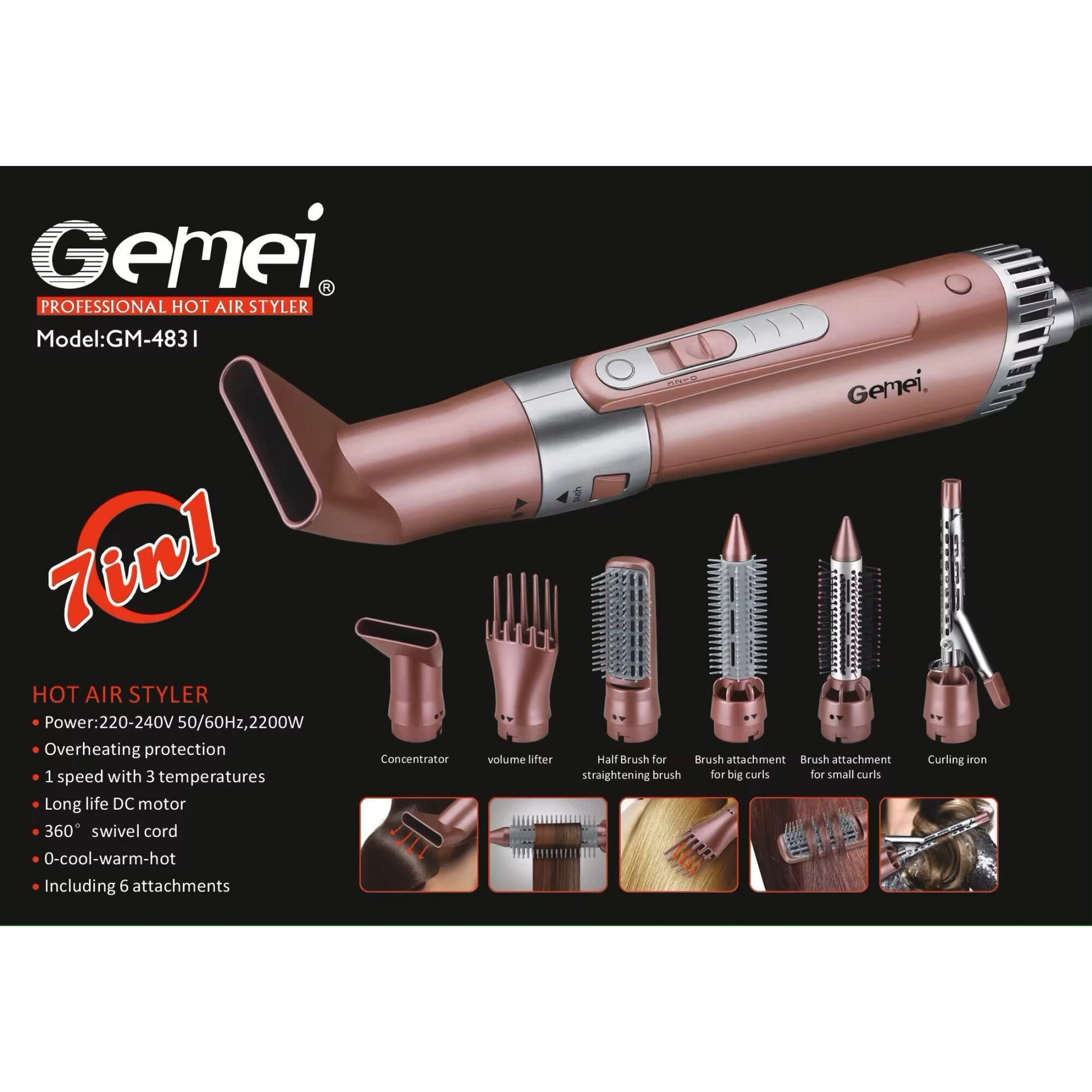 Perie uscator de par,  multifunctionala GEMEI GM 4831 - 7 in 1, cablu rotativ pana la 360°, putere 2200W, 1 viteza cu 3 temperaturi diferite, 6 piese incluse, HOZRO® BESTSELLS