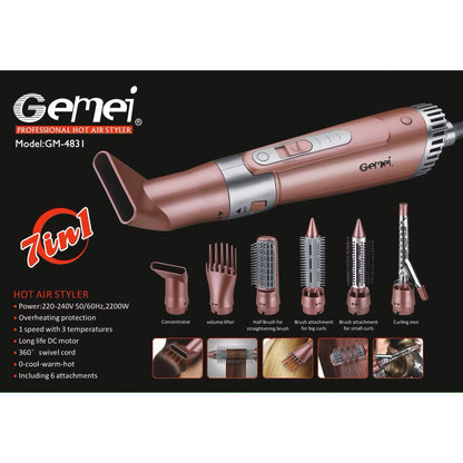 Perie uscator de par,  multifunctionala GEMEI GM 4831 - 7 in 1, cablu rotativ pana la 360°, putere 2200W, 1 viteza cu 3 temperaturi diferite, 6 piese incluse, HOZRO® BESTSELLS