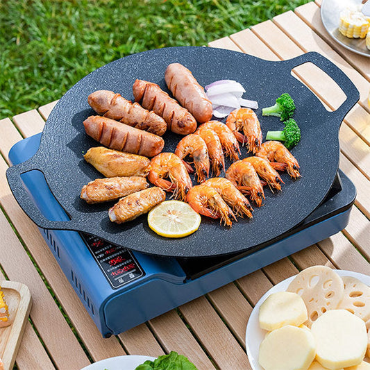 Plită Rotundă Coreeană HOZRO, pentru Grătar, 36CM– Tigaie Grill din Fontă cu Canale de Scurgere, Ideală pentru Carne, Legume și BBQ în Stil Asiatic, Compatibilă cu Aragaz și Reșou OEM