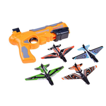 Pistol de Jucarie HOZRO, Lansator de Avioane, cu 4 Avioane din Carton pentru Copii, Sistem ATS, Galben HOZRO