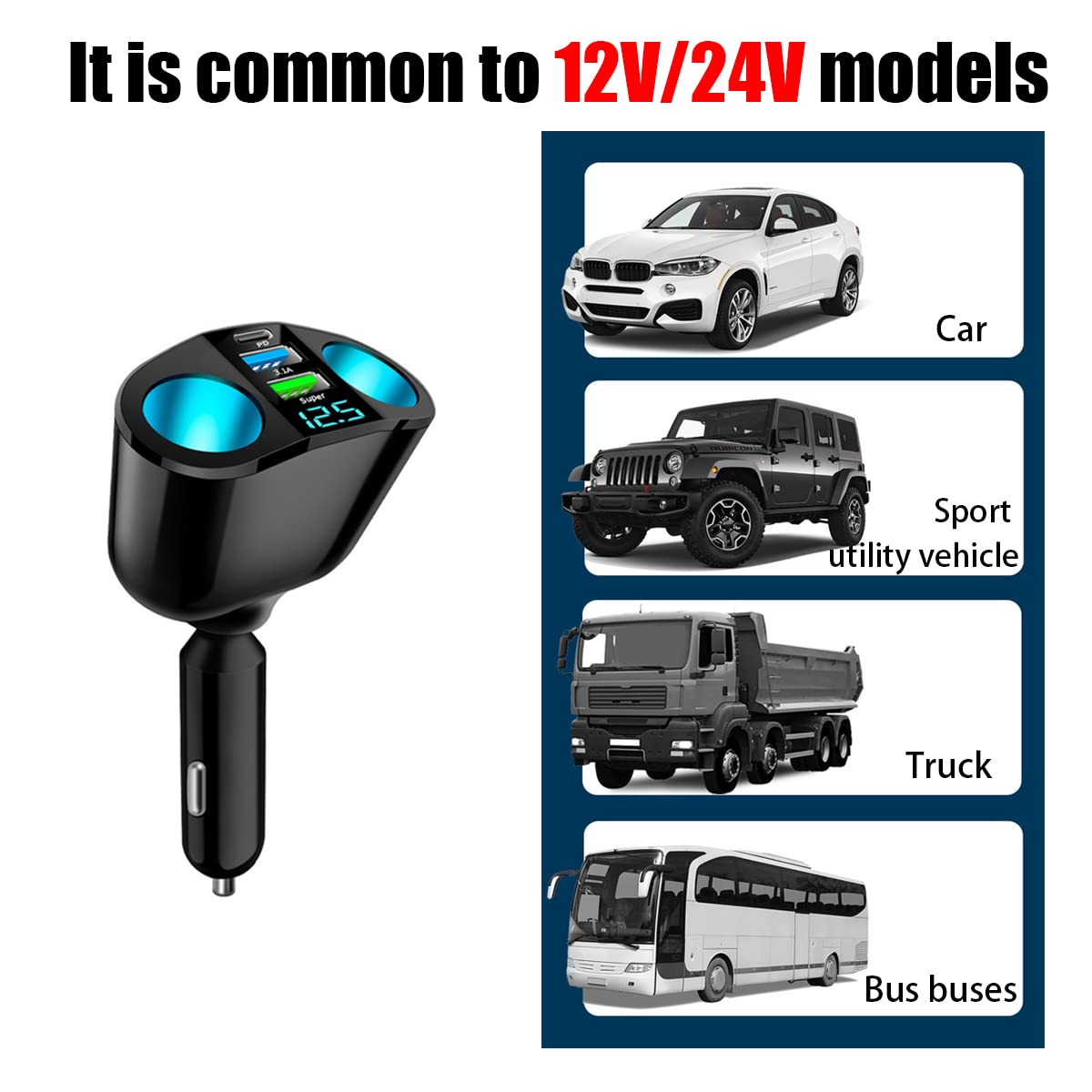 Încărcător auto rapid Hozro Splitter Multi-Power, 120W, adaptor bricheta cu 2 căi, porturi USB-C și USB, voltmetru LED, compatibilitate universală 12V/24V HOZRO