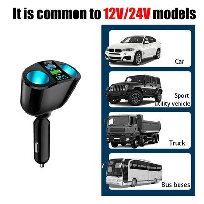 Încărcător auto rapid Hozro Splitter Multi-Power, 120W, adaptor bricheta cu 2 căi, porturi USB-C și USB, voltmetru LED, compatibilitate universală 12V/24V HOZRO