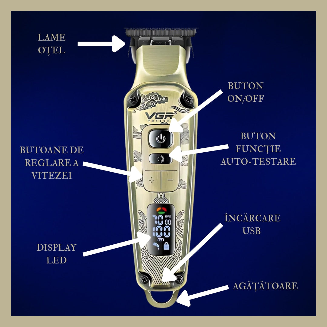 Aparat de tuns HOZRO VGR V901, profesional, cu 4 capete distantiere, functie de auto-testare, lame din ceramica, acumulator 1600 mAh lithium ion, incarcare USB, 5500-7000 RPM, display LED BESTSELLS