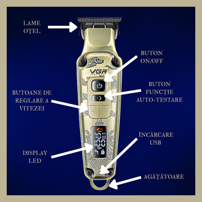 Aparat de tuns HOZRO VGR V901, profesional, cu 4 capete distantiere, functie de auto-testare, lame din ceramica, acumulator 1600 mAh lithium ion, incarcare USB, 5500-7000 RPM, display LED BESTSELLS
