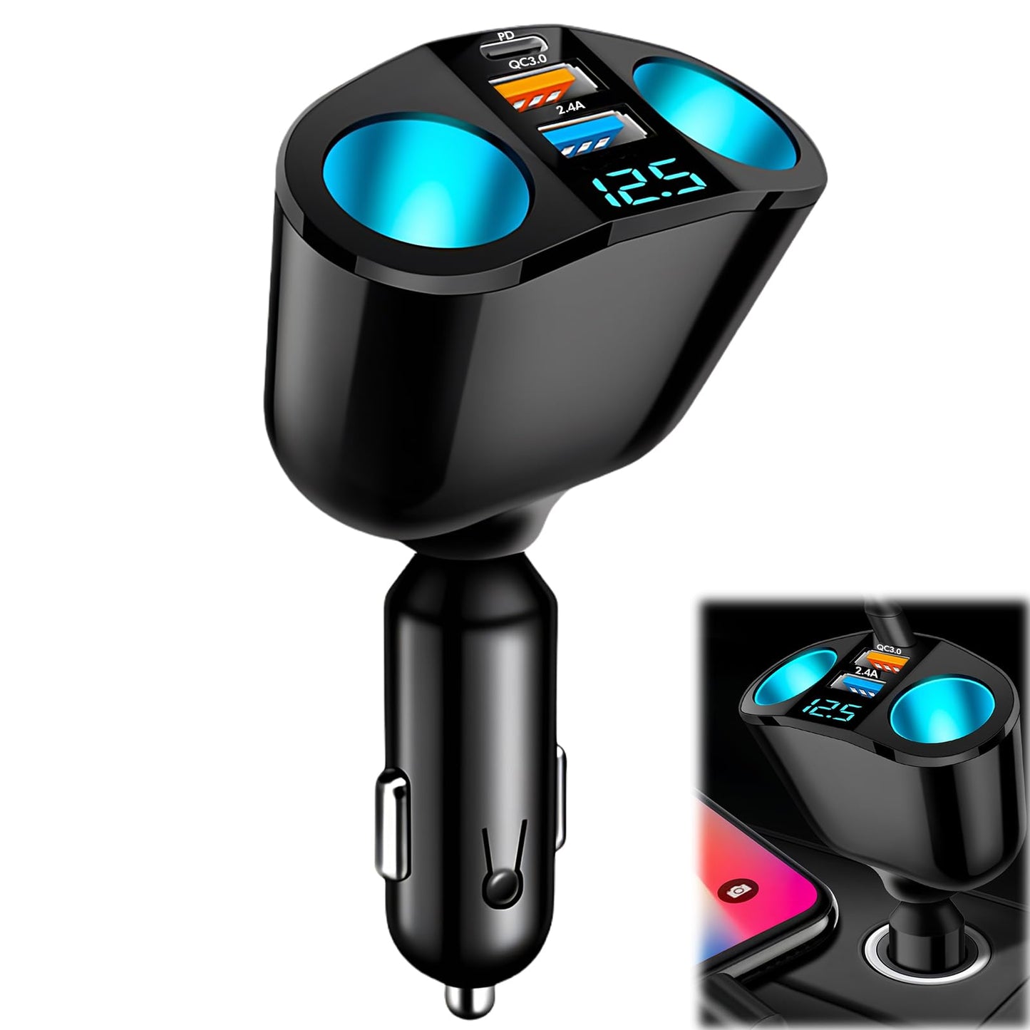 Încărcător auto rapid Hozro Splitter Multi-Power, 120W, adaptor bricheta cu 2 căi, porturi USB-C și USB, voltmetru LED, compatibilitate universală 12V/24V HOZRO
