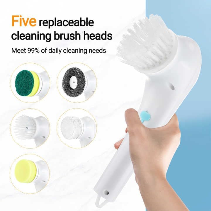 Perie electrica de curatare HOZRO, 5 capete interschimbabile, design ergonomic, functionare fara fir, unelte de curatare pentru bucatarie, baie, podele, alb BESTSELLS