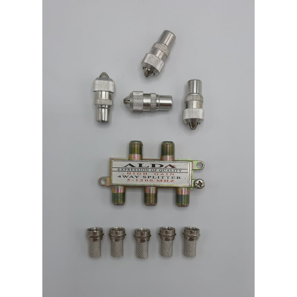 Set Splitter TV Profesional 4 Căi HOZRO – 5-1200 MHz, include 5 Mufe F și 4 Mufe TV HOZRO