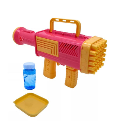 Pistol pentru facut baloane de sapun, 34 de gauri, baloane colorate, recipient si liquid inclus, jucarie de vara pentru activitati in aer liber, 24 cm x 13 cm, roz-galben, Ideală pentru Copii și Petreceri HOZRO