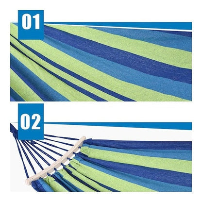 Hamac HOZRO de o persoana, 80 x 200 cm, din bumbac dens, husa depozitare, maxim 150 kg, multicolor, baza lemn, albastru BESTSELLS