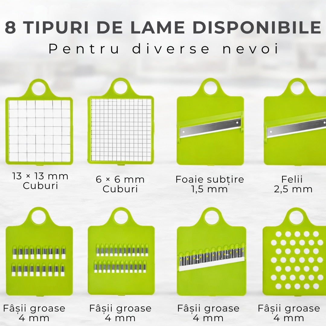 Tocator multifunctional legume HOZRO® 12 in 1, 8 lame interschimbabile din otel inoxidabil, recipient 1, 5 L, pentru feliere, taiere cuburi BESTSELLS