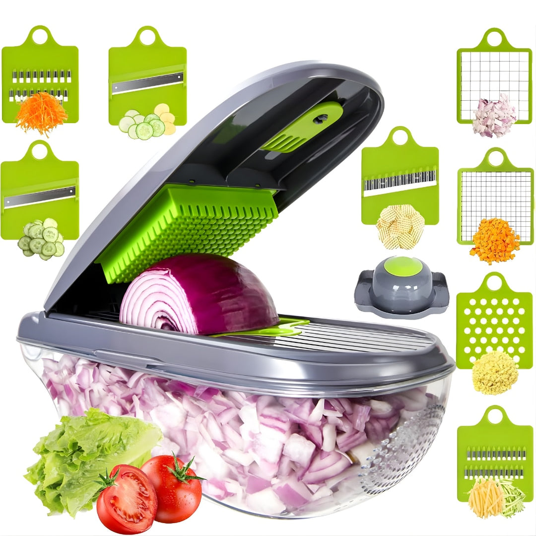 Tocator multifunctional legume HOZRO® 12 in 1, 8 lame interschimbabile din otel inoxidabil, recipient 1, 5 L, pentru feliere, taiere cuburi BESTSELLS