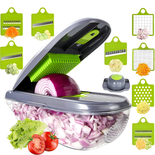 Tocator multifunctional legume HOZRO® 12 in 1, 8 lame interschimbabile din otel inoxidabil, recipient 1, 5 L, pentru feliere, taiere cuburi BESTSELLS