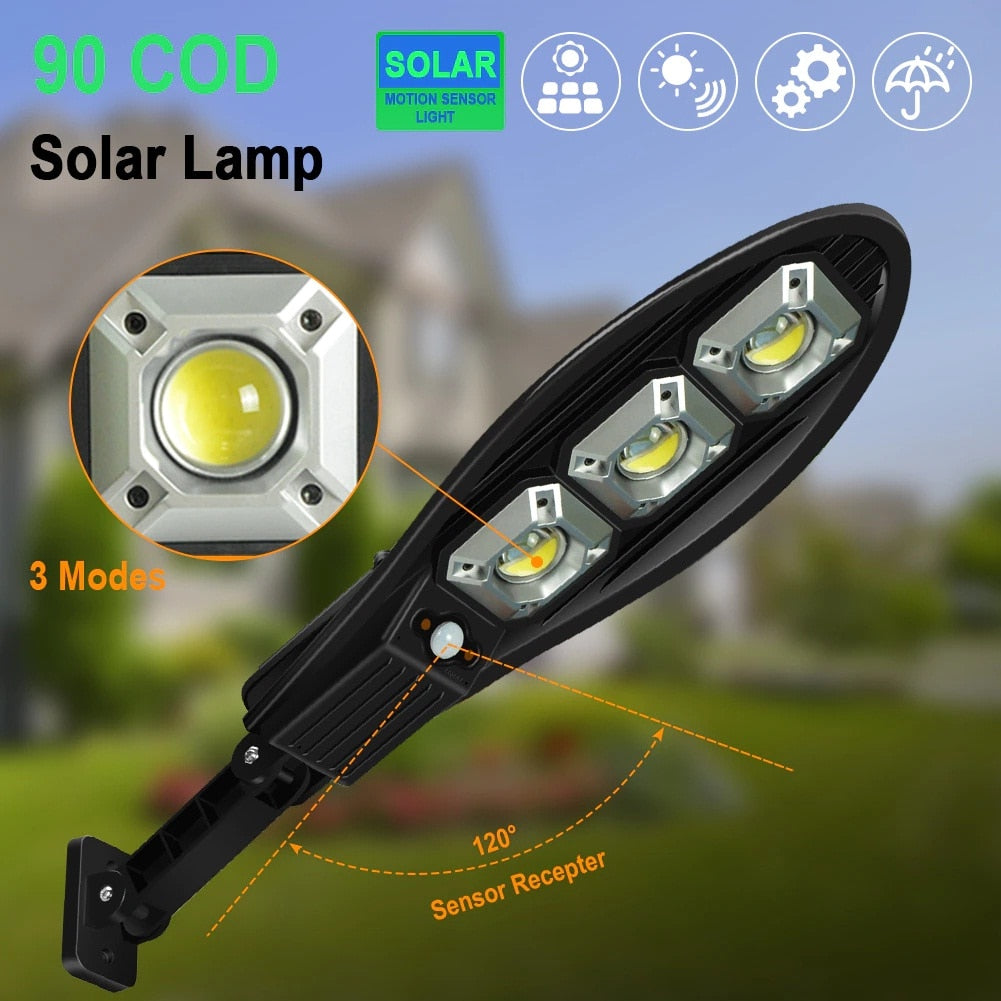 Lampă HOZRO stradala cu incarcare solara, 90 x LED COB, 3 moduri de functionare, buton ON/OFF, telecomanda inclusa, LL-63T K, cu Senzor de Mișcare – Montare pe Perete, Iluminat Exterior Puternic și Eficient HOZRO