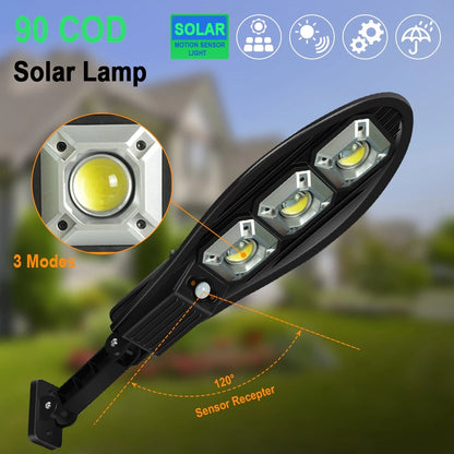Lampă HOZRO stradala cu incarcare solara, 90 x LED COB, 3 moduri de functionare, buton ON/OFF, telecomanda inclusa, LL-63T K, cu Senzor de Mișcare – Montare pe Perete, Iluminat Exterior Puternic și Eficient HOZRO