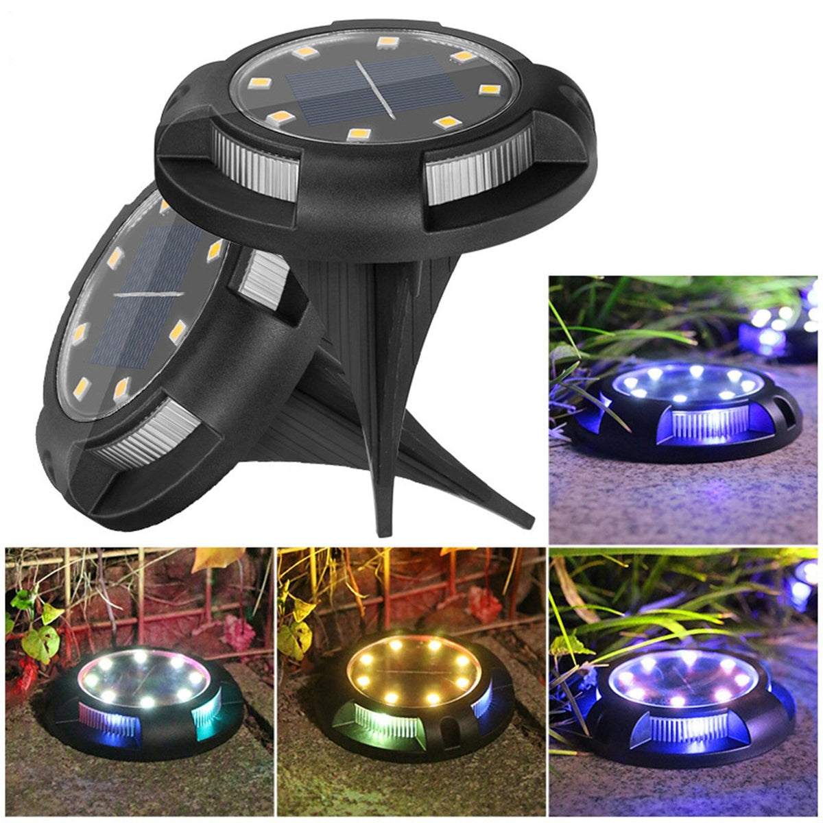 Set 4 Lămpi Solare Tip Spot pentru Grădină HOZRO – 12 LED-uri (8 Alb Cald + 4 RGB Laterale), IP65 HOZRO