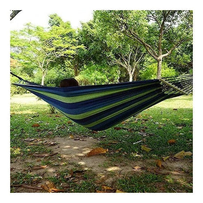 Hamac HOZRO de o persoana, 80 x 200 cm, din bumbac dens, husa depozitare, maxim 150 kg, multicolor, baza lemn, albastru BESTSELLS