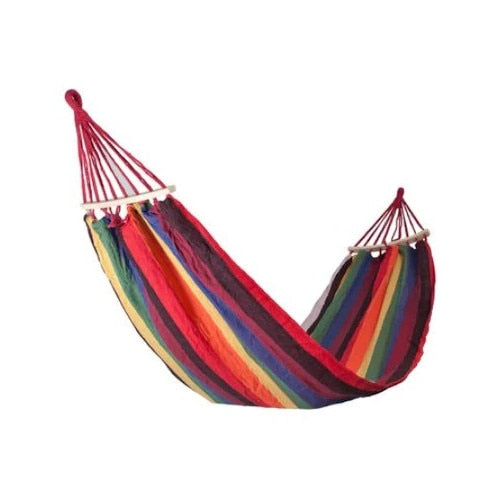 Hamac HOZRO de o persoana, 80 x 200 cm, din bumbac dens, husa depozitare, maxim 120 kg, multicolor, baza lemn, rosu BESTSELLS