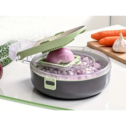 Razatoare mutifunctionala pentru legume si fructe, 8 lame diferite, recipient din plastic, fund anti-alunecare, 30x22x10 cm, gri/verde BESTSELLS