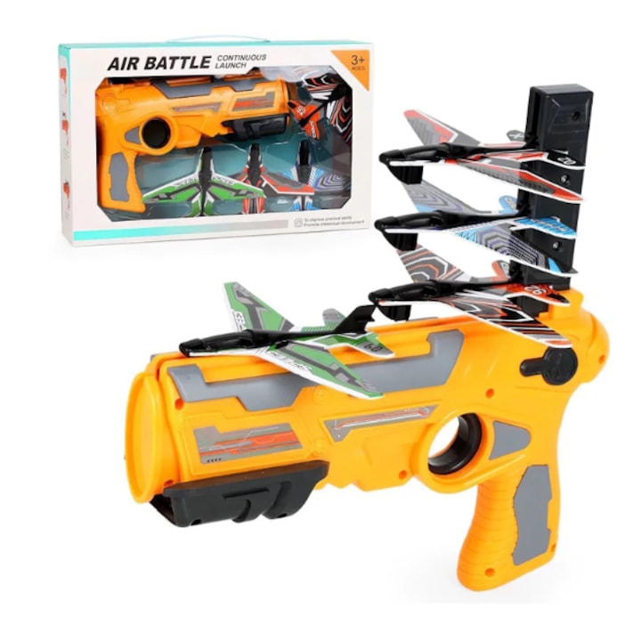 Pistol de Jucarie HOZRO, Lansator de Avioane, cu 4 Avioane din Carton pentru Copii, Sistem ATS, Galben HOZRO