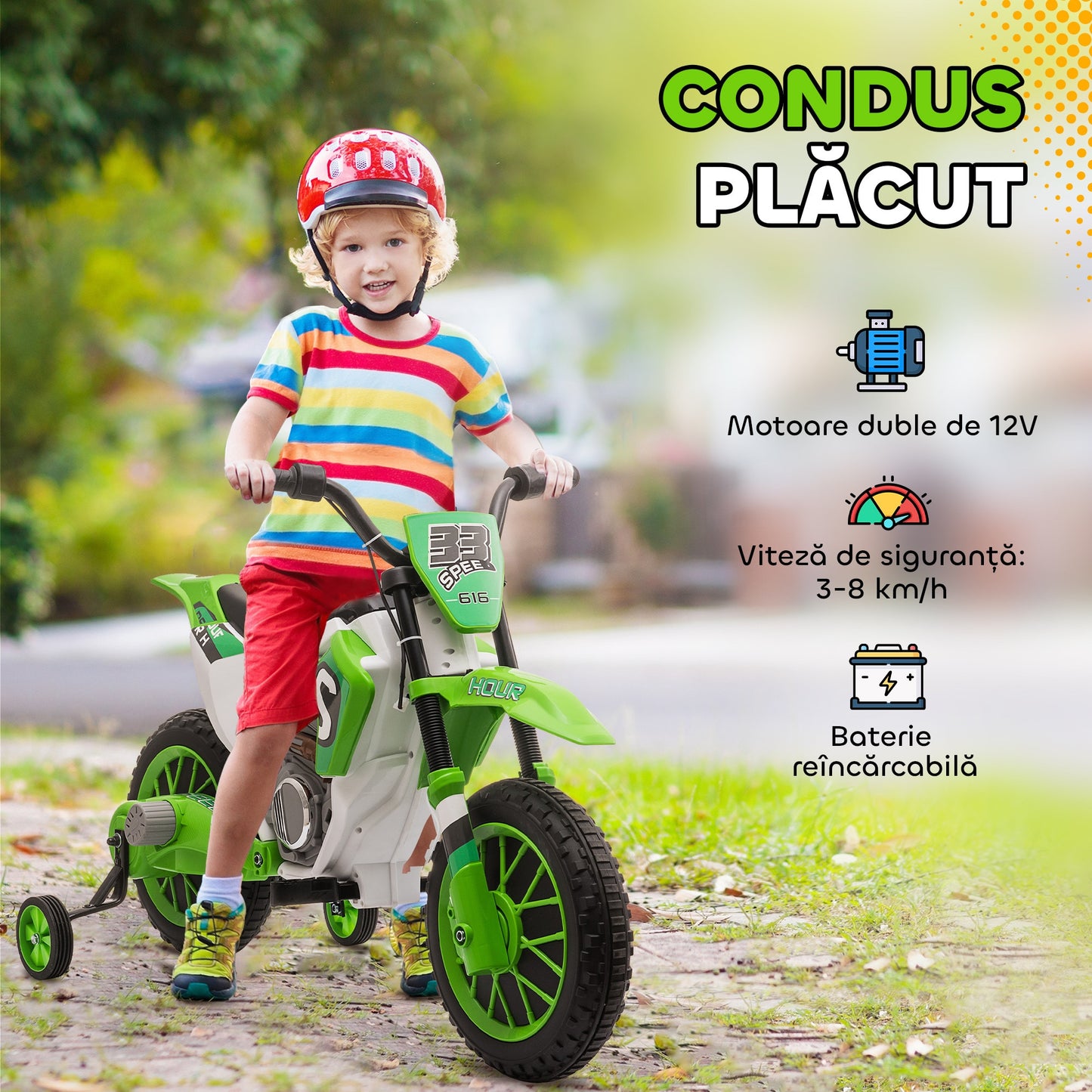🏍️ Motocicletă Cross Electrică Hozro pentru Copii (3-5 ani), Amortizoare, Verde