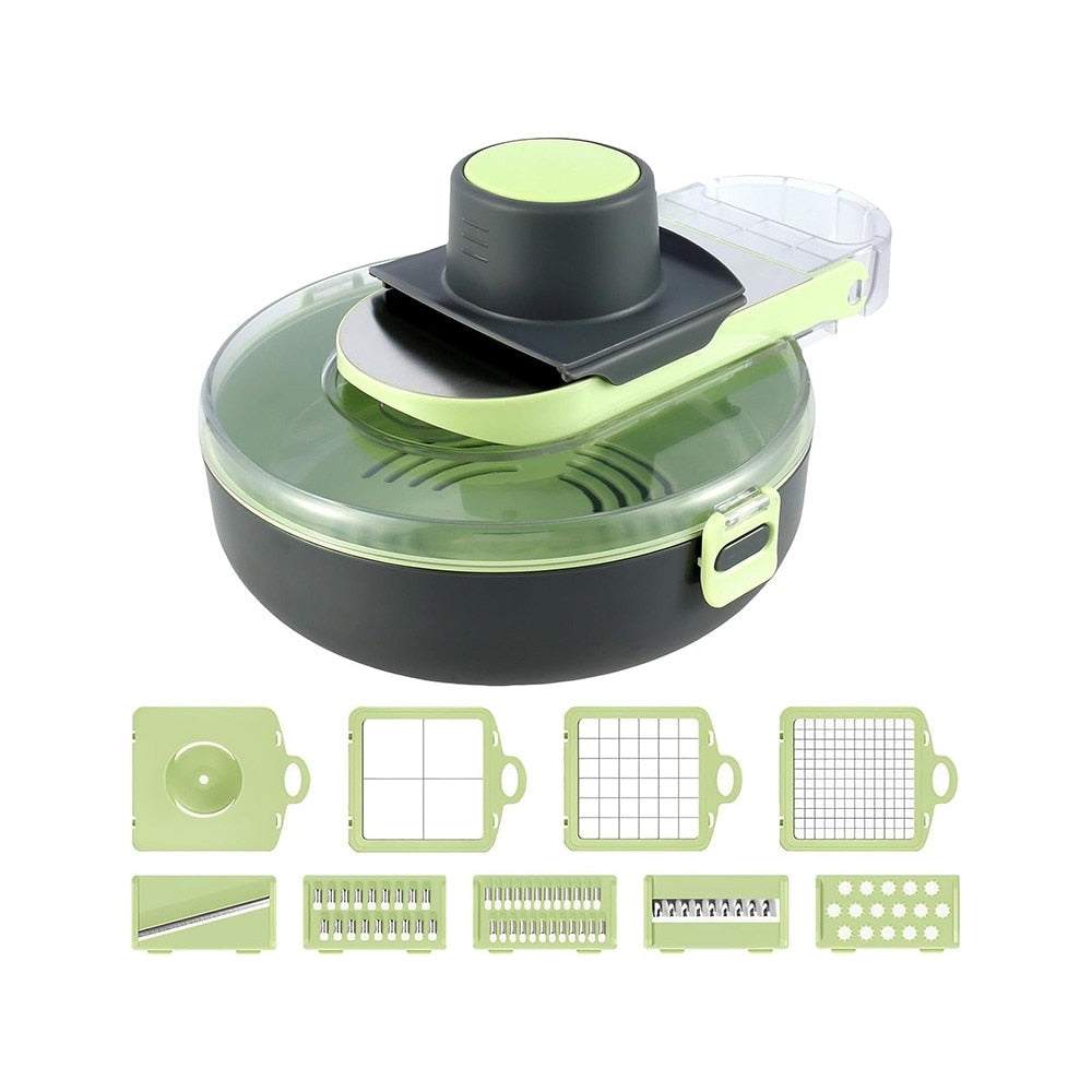 Razatoare mutifunctionala pentru legume si fructe, 8 lame diferite, recipient din plastic, fund anti-alunecare, 30x22x10 cm, gri/verde BESTSELLS