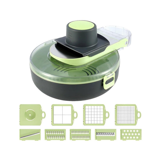 Razatoare mutifunctionala pentru legume si fructe, 8 lame diferite, recipient din plastic, fund anti-alunecare, 30x22x10 cm, gri/verde BESTSELLS