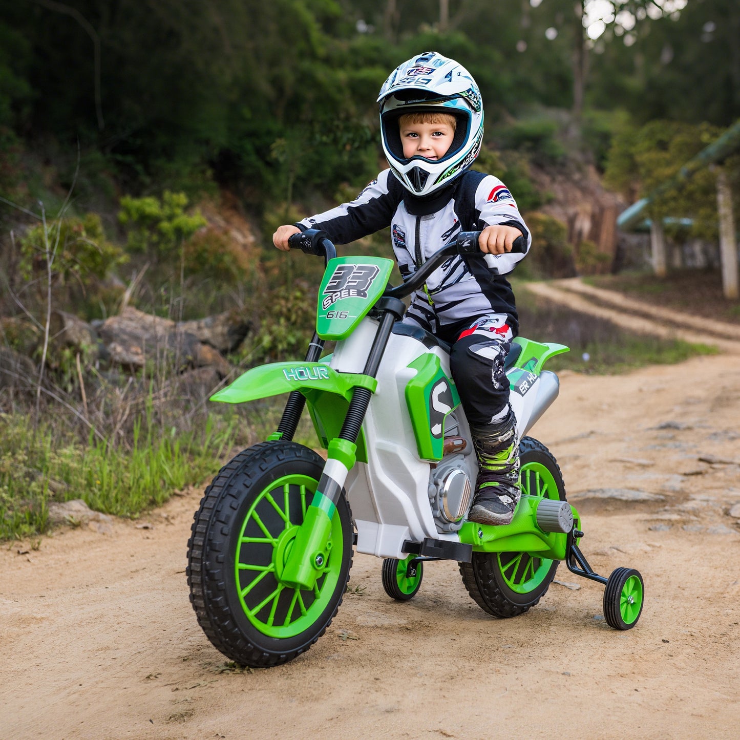 🏍️ Motocicletă Cross Electrică Hozro pentru Copii (3-5 ani), Amortizoare, Verde