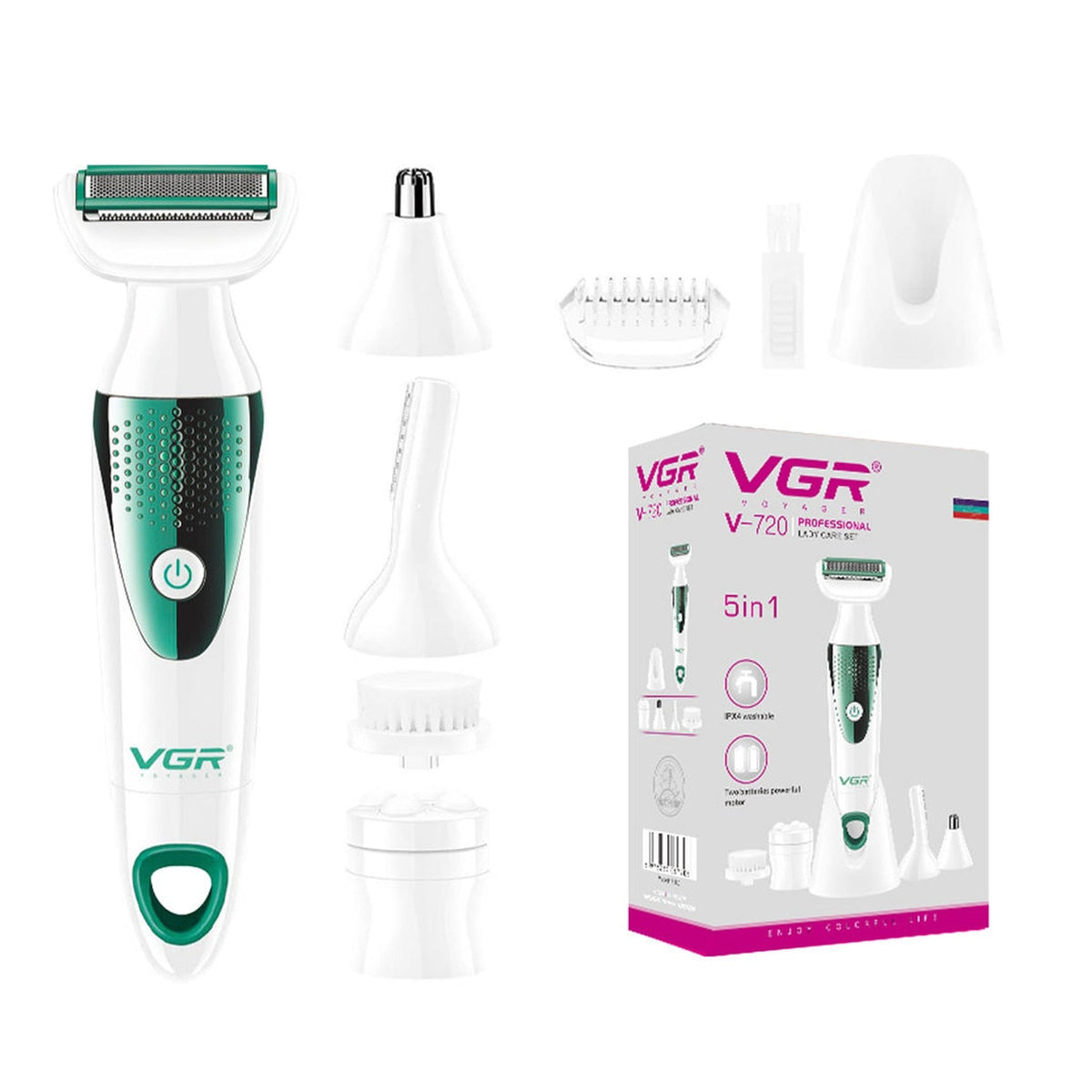 🪒 Aparat Multifuncțional de Tuns și Ras Corporal HOZRO V-720, Alb –  Alimentare cu Baterii, 5 Capete Interschimbabile HOZRO
