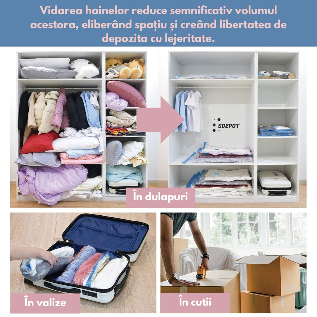 Set de 12 saci pentru vidat haine, HOZRO®, transparenti, cu 4 dimensiuni diferite, usor de folosit BESTSELLS