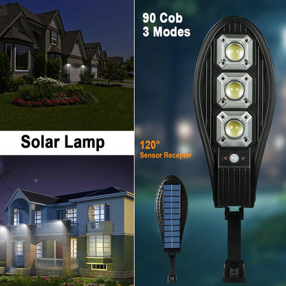Lampă HOZRO stradala cu incarcare solara, 90 x LED COB, 3 moduri de functionare, buton ON/OFF, telecomanda inclusa, LL-63T K, cu Senzor de Mișcare – Montare pe Perete, Iluminat Exterior Puternic și Eficient HOZRO