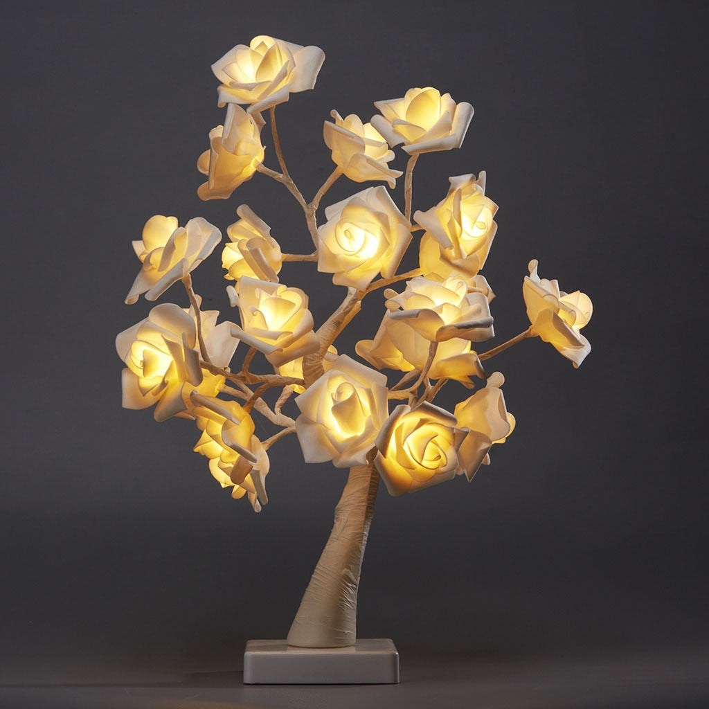 Pomisor decorativ de Craciun Hozro®, Veioza tip copacel cu Trandafiri, 36 LED-uri, Inaltime 40 cm, Alb HOZRO